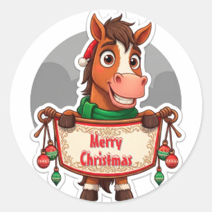 Pegatina Redonda Caballo de Navidad Alegre Dibujo Animado