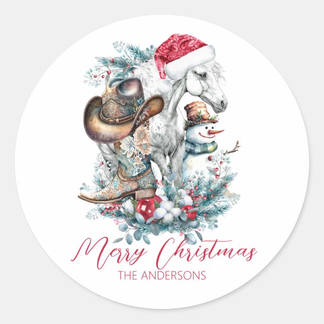 Pegatina Redonda Caballo de navidad en botas de vaquero de vaquero  (Anverso)