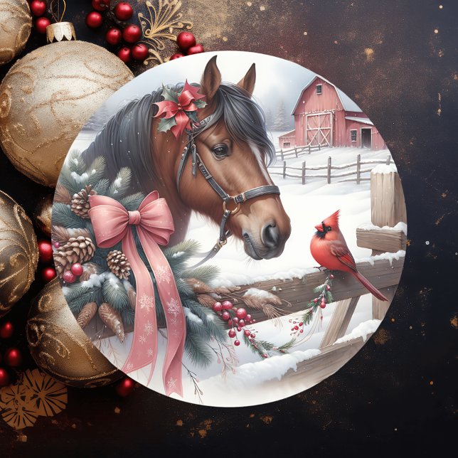 Pegatina Redonda Caballo de Navidades marrones y cardenal (Subido por el creador)