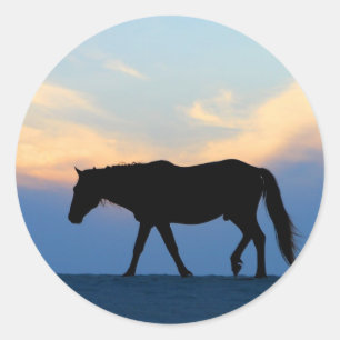 Pegatina Redonda Caballo de playa Sunset