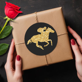 Pegatina Redonda Caballo de Purpurina de oro en Fiesta Black Derby