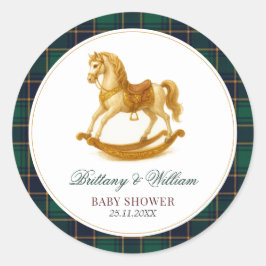 Pegatina Redonda Caballo de Rocking Tartan Plaid Baby Shower