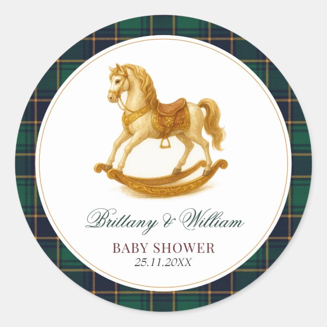 Pegatina Redonda Caballo de Rocking Tartan Plaid Baby Shower (Anverso)