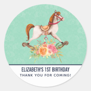 Pegatina Redonda Caballo de Rocking Vintage con FloralS cumpleaños