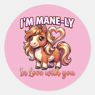 Pegatina Redonda Caballo de San Valentín Adorable – Estoy enamorado