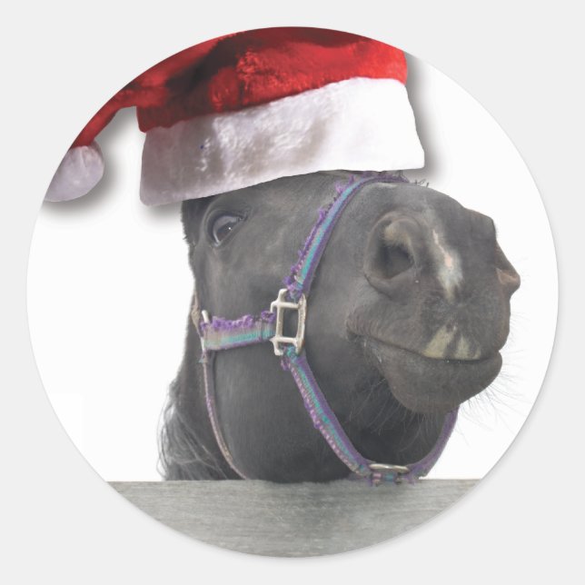 Pegatina Redonda Caballo de Santa Hat navidades (Anverso)