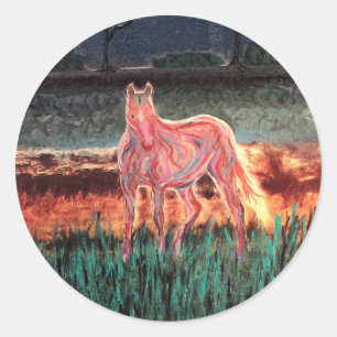 Pegatina Redonda Caballo de sueño espiritual, pintado