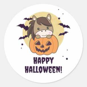 Pegatina Redonda Caballo En Calabaza Caballos Dulces Feliz Hallowee