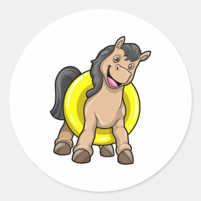 Pegatina Redonda Caballo en la playa con anillo de natación (Anverso)