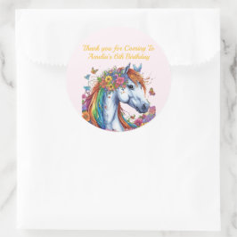 Pegatina Redonda Caballo fantástico arcoiris Floral ecuestre cumple