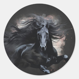 Pegatina Redonda Caballo Frisón Negro