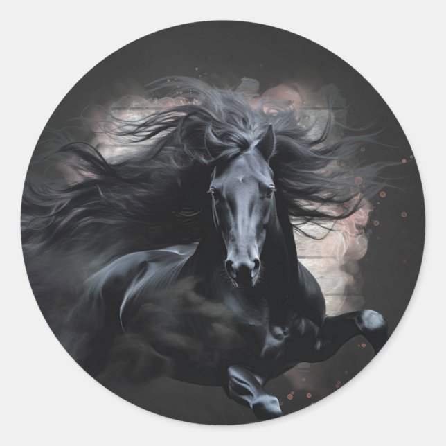 Pegatina Redonda Caballo Frisón Negro (Anverso)