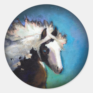 Pegatina Redonda Caballo gitano corriendo pasión arte de pintura co