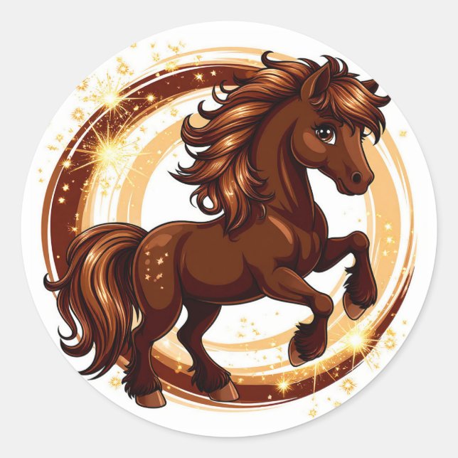 Pegatina Redonda Caballo marrón animado que se encabrita (Anverso)