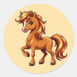Pegatina Redonda Caballo marrón animado que se encabrita