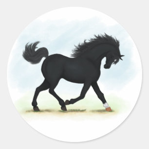 Pegatina Redonda Caballo negro con estrella y pavo (belleza negra)