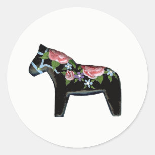 Pegatina Redonda Caballo negro con Rosas