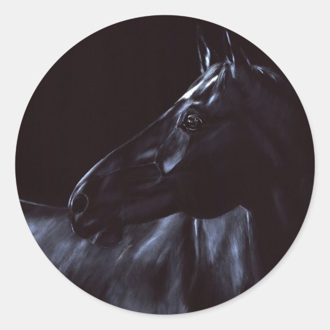 Pegatina Redonda Caballo negro elegante pintado a mano (Anverso)