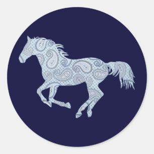 Pegatina Redonda Caballo Paisley Azul