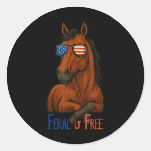 Pegatina Redonda Caballo Patriótico Divertido Feral & Libre 4 De Ju