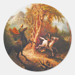 Pegatina Redonda Caballo sin cabeza persiguiendo a Ichabod Crane