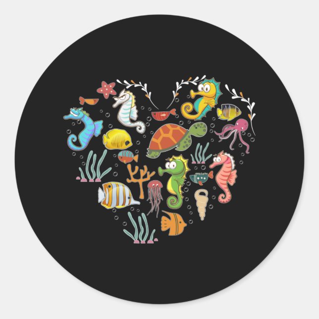 Pegatina Redonda Caballo submarino de corazón animal (Anverso)