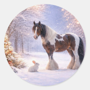 Pegatina Redonda Caballo y conejo de Navidad bastante festivos