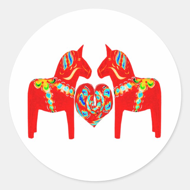 Pegatina Redonda Caballos de dala suecos con corazón (Anverso)