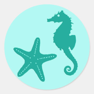 Pegatina Redonda Caballos de mar y pez estrella, turquesa y Aqua