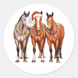 Pegatina Redonda Caballos de Navidad Granero de Sombrero de Santa C