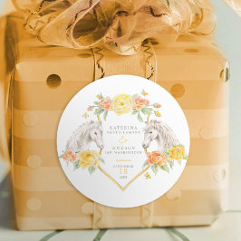 Pegatina Redonda Caballos grises y rosas amarillas monogramadas bod