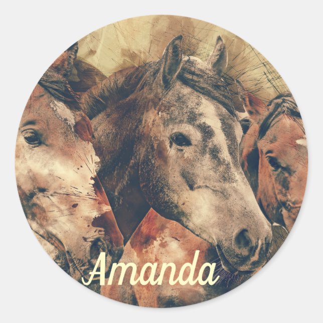 Pegatina Redonda Caballos marrones (Anverso)
