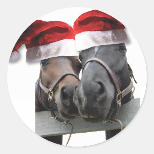 Pegatina Redonda Caballos navidades con sombreros Santa