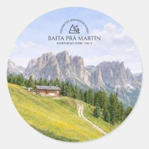 Pegatina Redonda Cabaña Alpina Dolomitas Paisaje Natural Acuarela