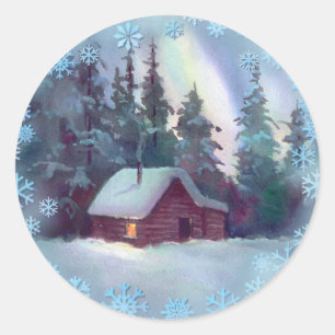 Pegatina Redonda CABAÑA DE MADERA y COPOS DE NIEVE de SHARON SHARP