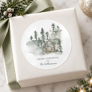 Pegatina Redonda Cabaña Rústica Verde Bosque Navidad Personalizada