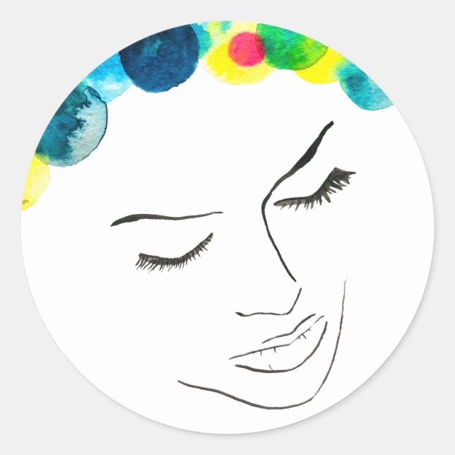 Pegatina Redonda Cabello de burbuja psicodélica y divertida (Anverso)