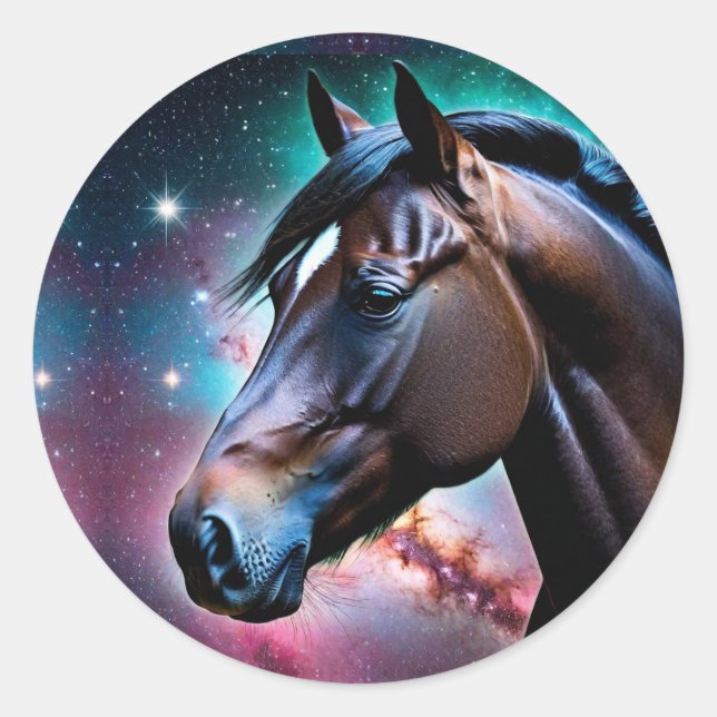 Pegatina Redonda Cabeza de caballo con fondo galáctico (Anverso)