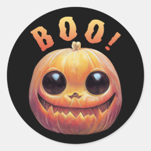 Pegatina Redonda Cabeza de calabaza de Halloween rindiendo boo