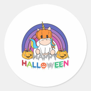 Pegatina Redonda Cabeza de Calabaza de Unicornio para Halloween