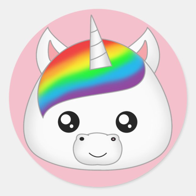 Pegatina Redonda Cabeza de cara de Rainbow Cute Kawaii Unicorn (Anverso)