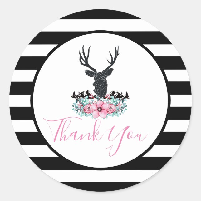 Pegatina Redonda Cabeza de ciervo negro con flores y montañas rosas (Anverso)