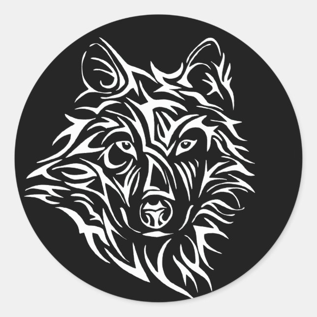 Pegatina Redonda Cabeza de lobo blanco en negro (Anverso)