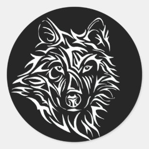 Pegatina Redonda Cabeza de lobo blanco en negro