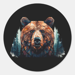 Pegatina Redonda Cabeza De Oso Geométrico Con Paisaje De Árbol De M