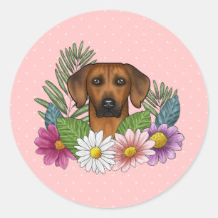 Pegatina Redonda Cabeza de Rhodesian Ridgeback Flores Coloridas Sob