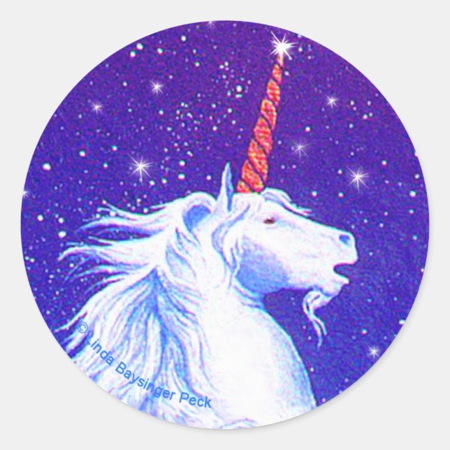 Pegatina Redonda Cabeza de unicornio con estrellas (Anverso)