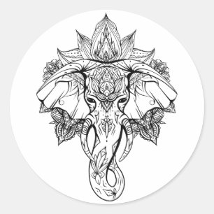Pegatina Redonda Cabeza elefante con adornos boho