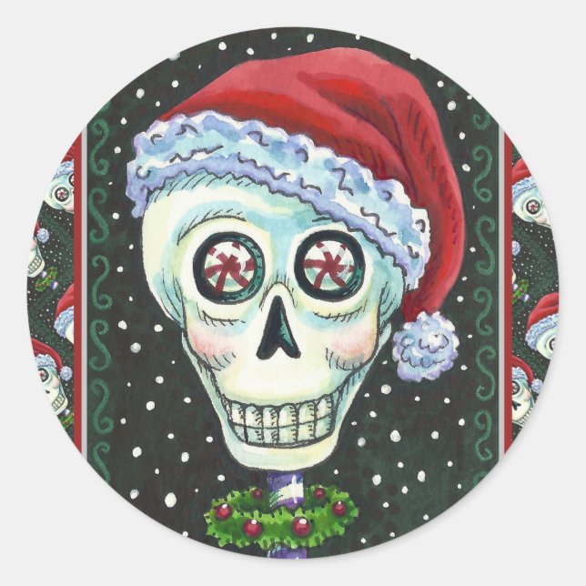 PEGATINA REDONDA CABEZA MUERTA SANTA SKULL, NAVIDADES SKELETON HUMO (Anverso)