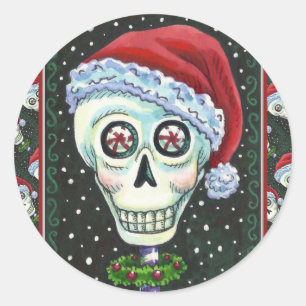 PEGATINA REDONDA CABEZA MUERTA SANTA SKULL, NAVIDADES SKELETON HUMO